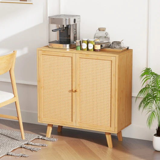 COSTWAY Bamboo Buffet Storage Cabinet With PE Rattan Doors and Freestanding Kitchen Cupboard-Natural