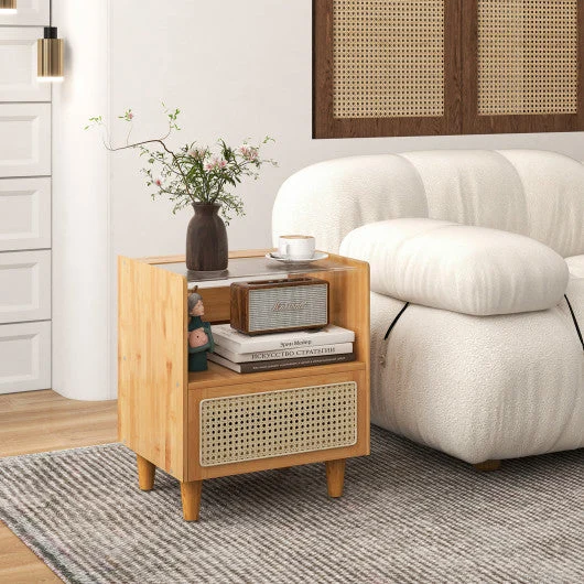 COSTWAY Bamboo Rattan Nightstand With Drawer and Solid Wood Legs-Natural
