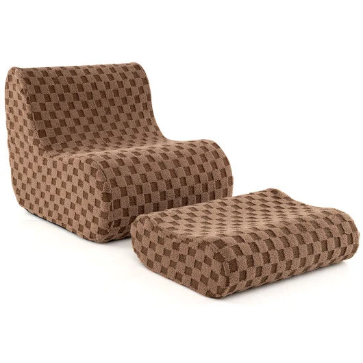 COSTWAY Bean Bag Chair With Ottoman and High Elasticity Sponge-Brown