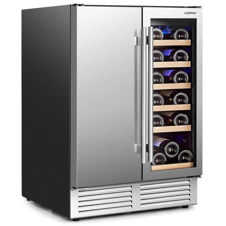 COSTWAY 2-in-1 Beverage and Wine Cooler With Independent Temperature Control and LED Lights-Silver