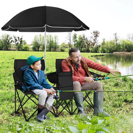 COSTWAY Portable Folding Picnic Double Chair With Umbrella-Black