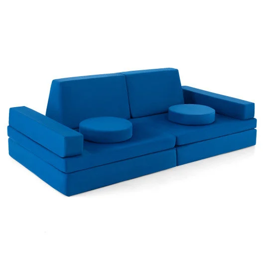 COSTWAY 10-Piece Kids Play Couch Sofa With Portable Handle-Blue