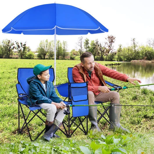 COSTWAY Portable Folding Picnic Double Chair With Umbrella-Blue
