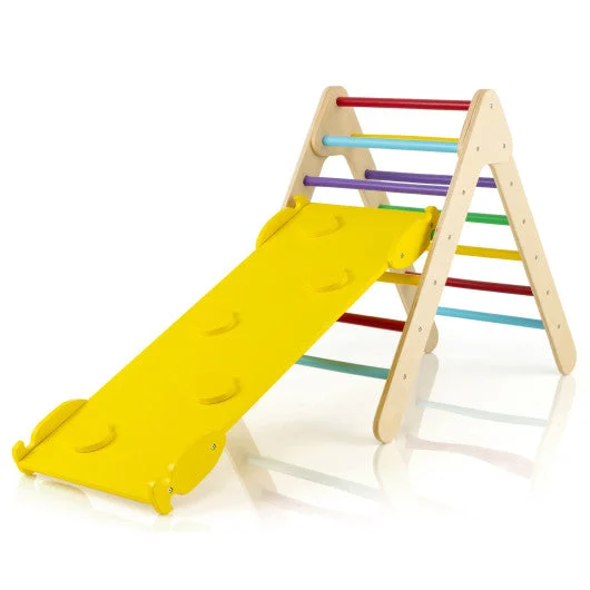 COSTWAY 3-in-1 Wooden Climbing Triangle Set Triangle Climber With Ramp-Multicolor