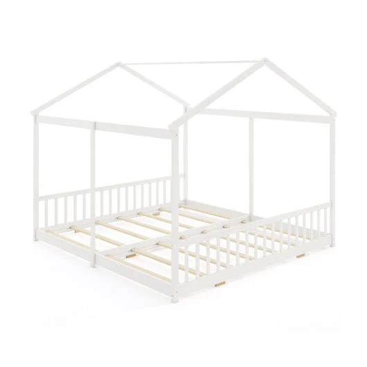 COSTWAY Double Floor Bed for Twins House Beds With Safety Guardrails for 2 Kids-White