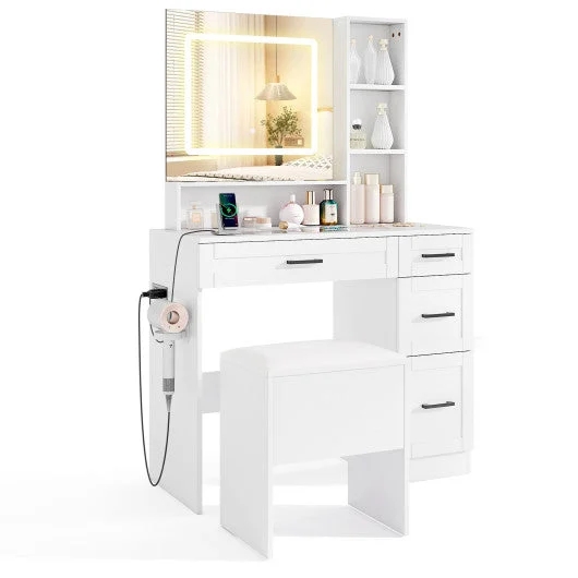 COSTWAY Dressing Desk With 3 Color Lighting and Hair Dryer Stand-White