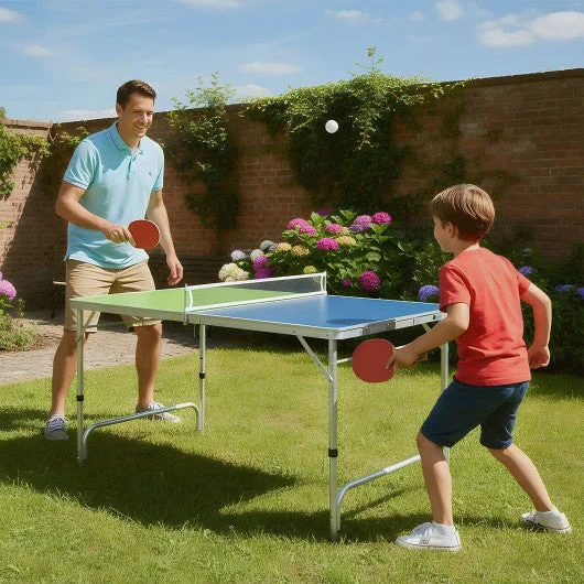 COSTWAY Foldable Ping Pong Table Game Set Mini Table Tennis Table With Adjustable Height-Blue & Green