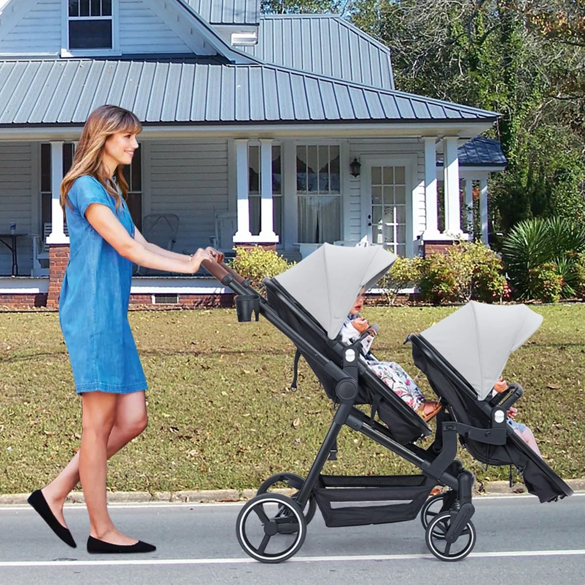 GarveeHome Double Track Tandem Stroller, Foldable Bassinet Pram - Light Grey
