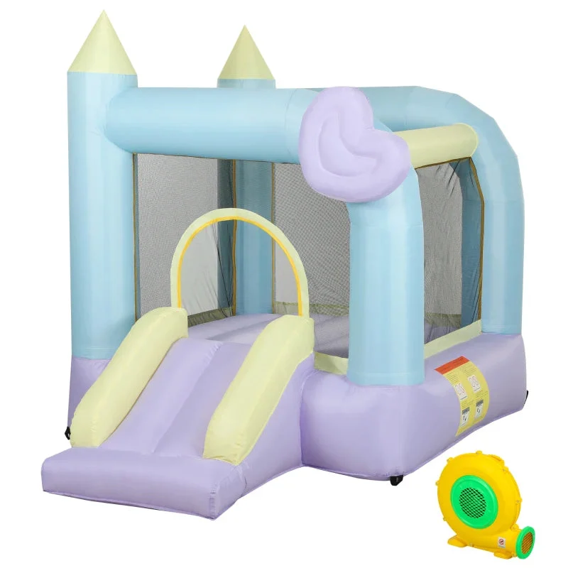 Qaba Inflatable Bounce House with Air Blower, Slide, Stakes, Repair Patches, Storage Bag, for Kids Ages 3-8, 98