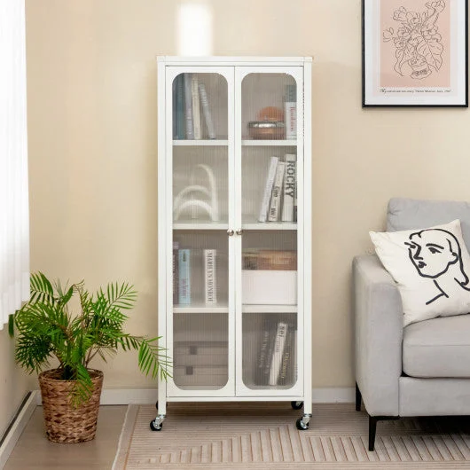 COSTWAY Glass Doors Storage Cabinet With Wheels and Adjustable Shelves-White