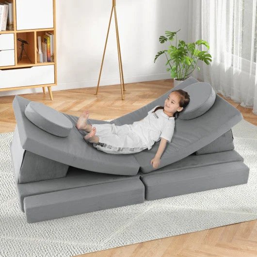 COSTWAY 10-Piece Kids Play Couch Sofa With Portable Handle-Gray