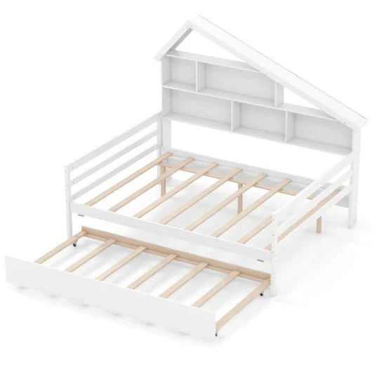 COSTWAY House-Shaped Full Size Daybed With Twin Size Trundle-White