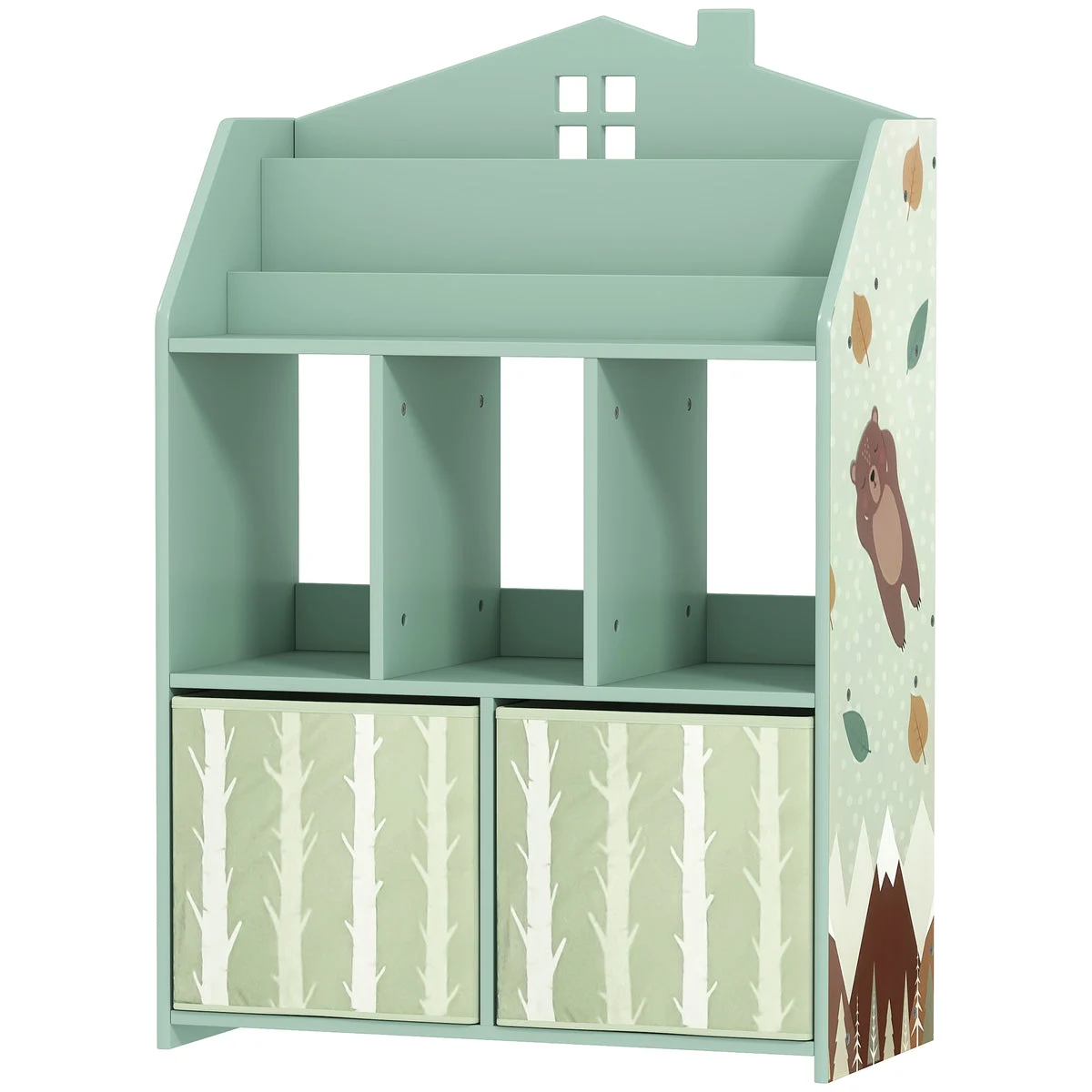 Qaba Kids Bookshelf with Storage, Toy Storage Unit with Book Display, Shelves and Fabric Drawers for Playroom Nursery, Green