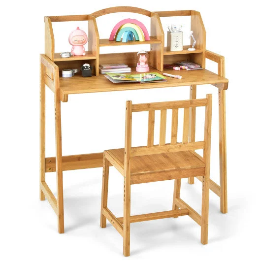 COSTWAY Bamboo Kids Study Desk and Chair Set With Bookshelf