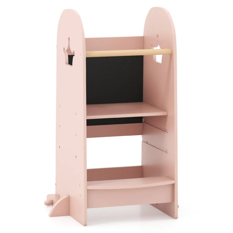 COSTWAY Kids Kitchen Tower Adjustable With Chalkboard and Safety Rail-Pink