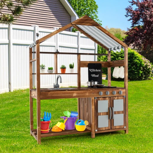 COSTWAY Kid's Mud Kitchen Outdoor Solid Wood Mud Kitchen With Canopy-Natural