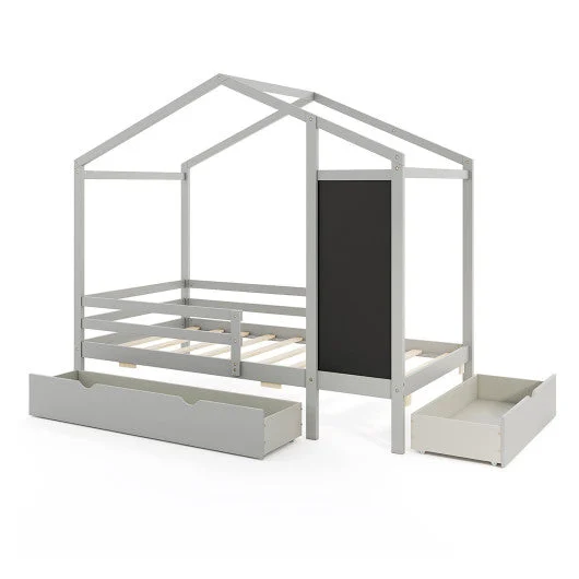 COSTWAY Kids Twin Size Bed With 2 Drawers Solid Wood Bed With Blackboard-Gray