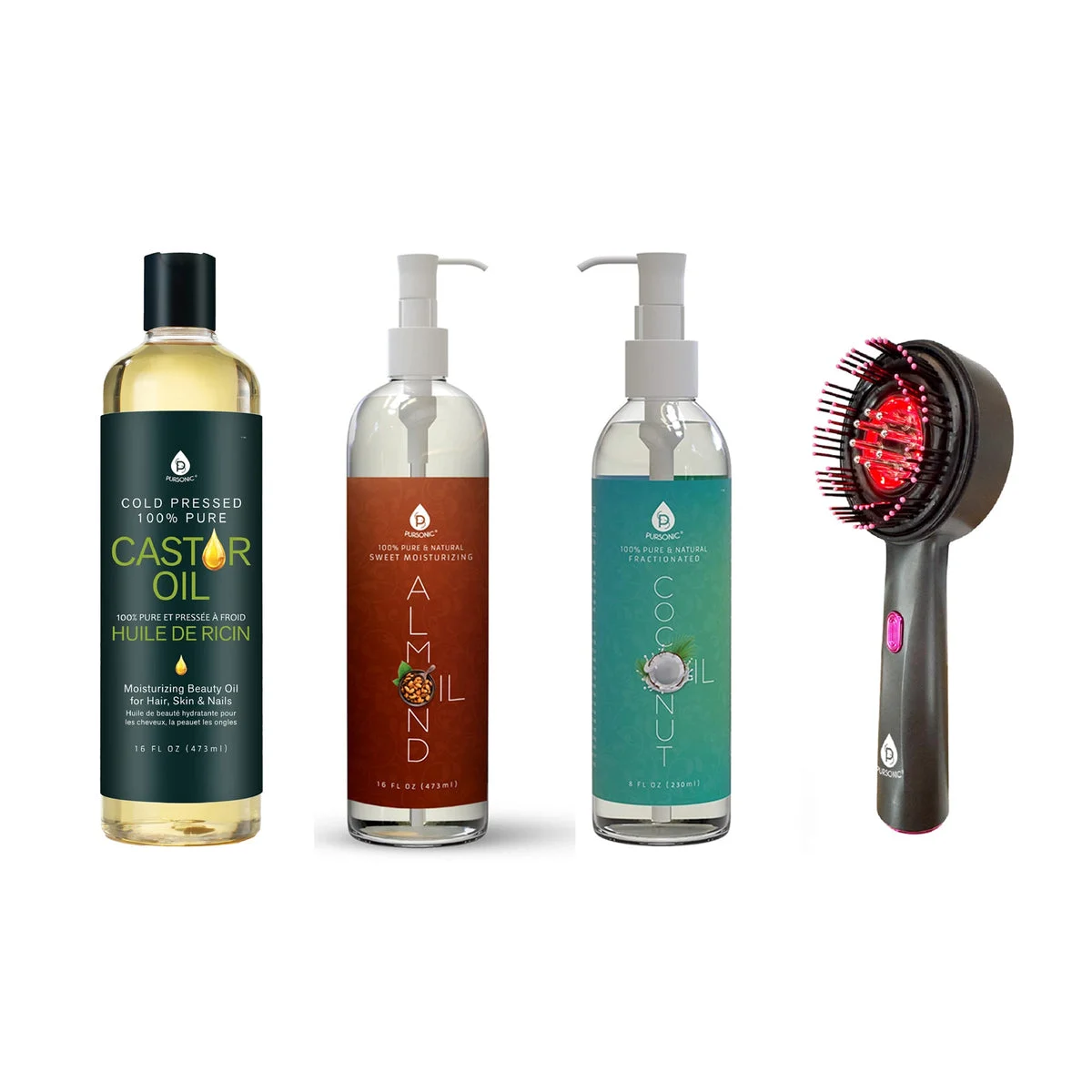 Pursonic The Ultimate Hair & Skin Restoration Bundle: LED Therapy Brush, Castor Oil, Sweet Almond Oil, & Fractionated Coconut Oil