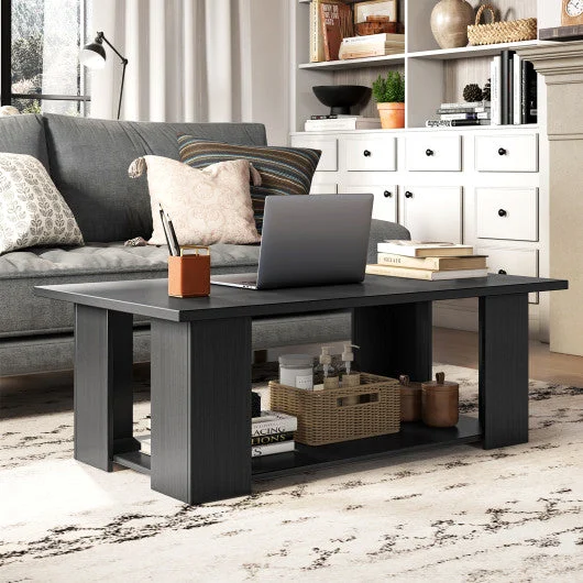 COSTWAY Large 36/41 Inch 2-Tier Wooden Modern Coffee Table With Storage Shelf-Black