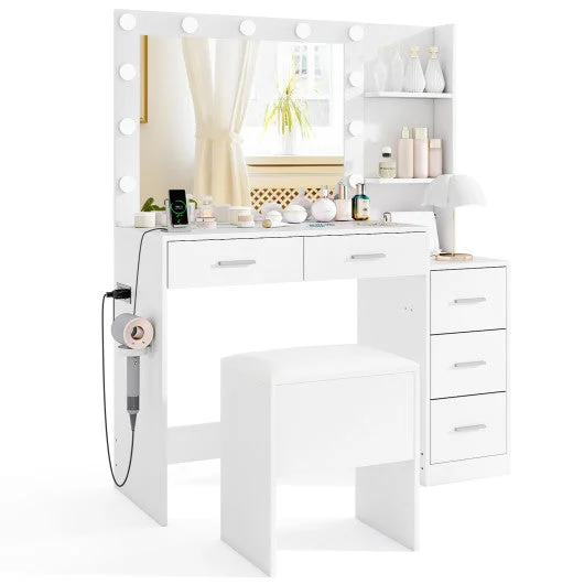 COSTWAY Makeup Table and Stool Set With Hair Dryer Stand-White