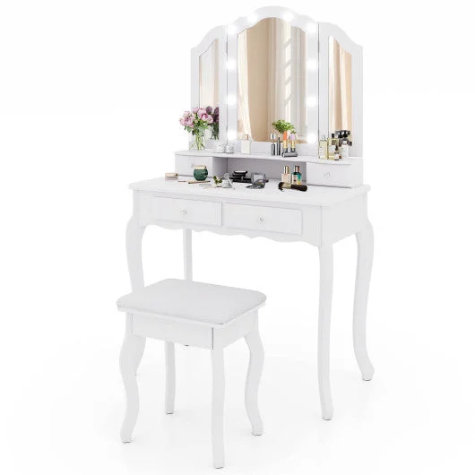 COSTWAY Makeup Vanity Table Set With Lighted Mirror and Drawers-White