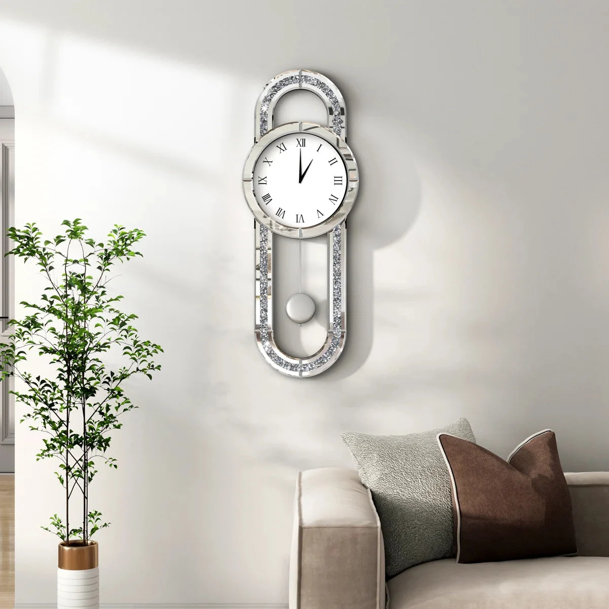 Everly Quinn Mirrored Wall Clock with Crushed Diamond Inlay & Decorative Pendulum – 80cm Glam Design