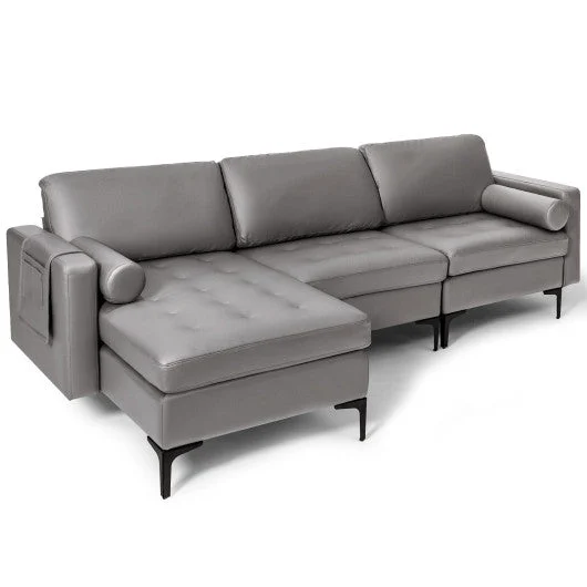 COSTWAY Modular L-Shaped 3-Seat Sectional Sofa With Reversible Chaise and 2 USB Ports-Light Gray