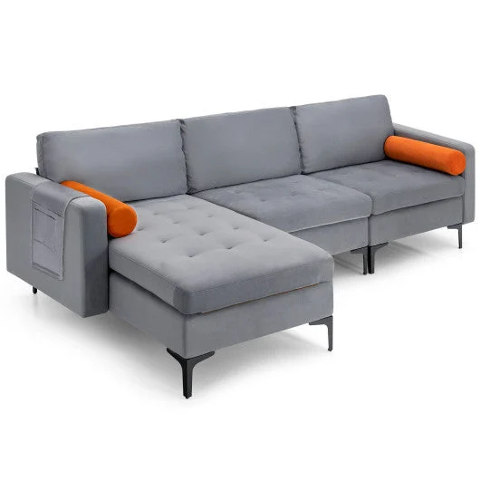 COSTWAY Modular L-Shaped 3-Seat Sectional Sofa With Reversible Chaise and 2 USB Ports-Gray