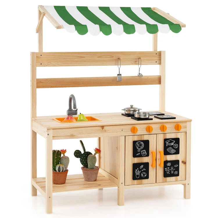 COSTWAY Mud Kitchen Fir Wood Play Kitchen With Canopy and Sink and 4 Stoves-Natural