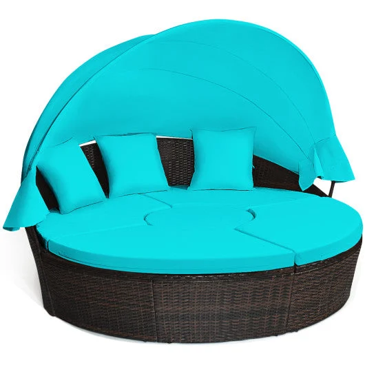 COSTWAY Patio Round Rattan Daybed With Retractable Canopy and Height Adjustable Coffee Table-Turquoise