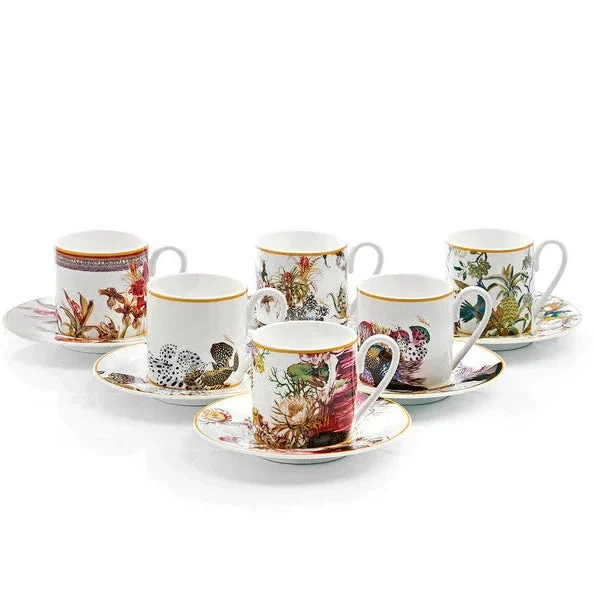 ROBERTO CAVALLI Coffee Cup & Saucer FLOWERS Set of 6 in Luxury Box
