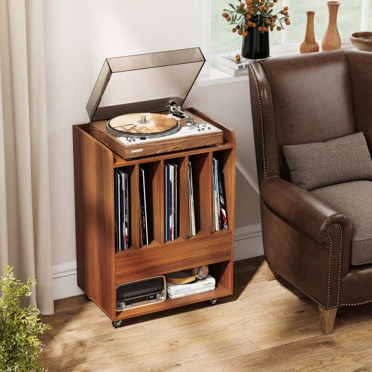 COSTWAY Record Player Stand Turntable Stand With Drawer and Record Holder-Walnut