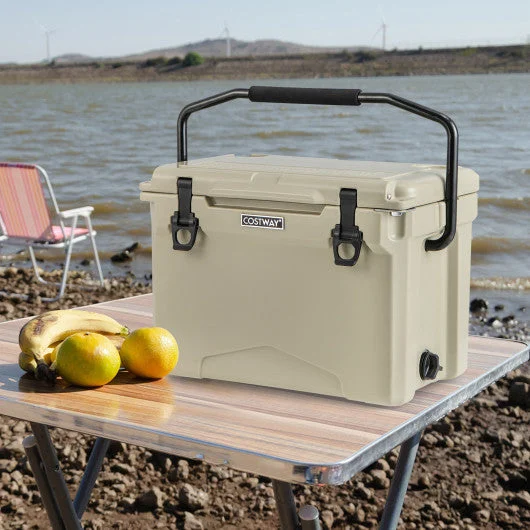 COSTWAY 25 QT Hard Cooler With Aluminum Handle and Integrated Cup Holders-Tan