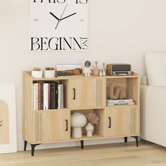 COSTWAY Sideboard Storage Cabinet Bookcase With 3 Doors and Open Compartments-Oak