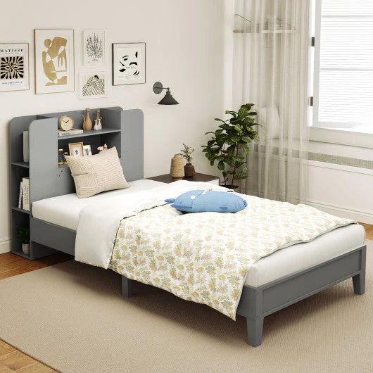 COSTWAY Twin Size Wooden Platform Bed Frame With Bookcase Headboard-Gray