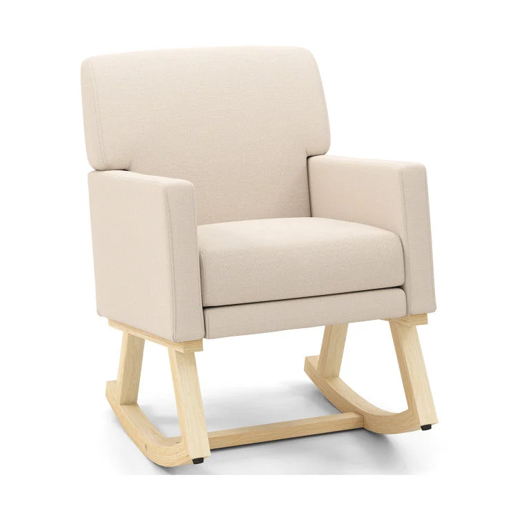 COSTWAY Upholstered Rocking Chair With and Solid Wood Base-Beige