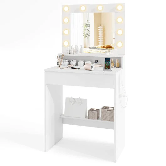 COSTWAY Vanity Desk With Adjustable Brightness and 3 Light Modes for Bedroom-White