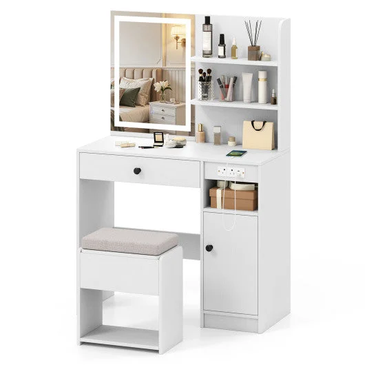 COSTWAY Vanity Desk With Mirror and Lights-White