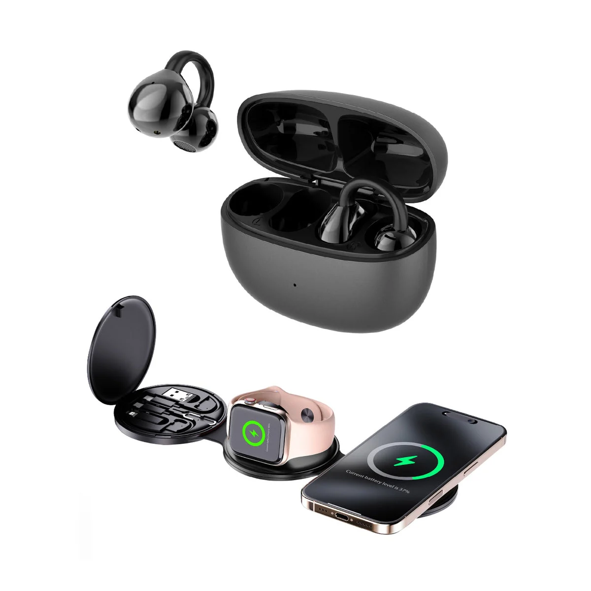 Pursonic Power & Sound Essentials Bundle – 5-in-1 Folding Wireless Charging Station + True Wireless Earbuds