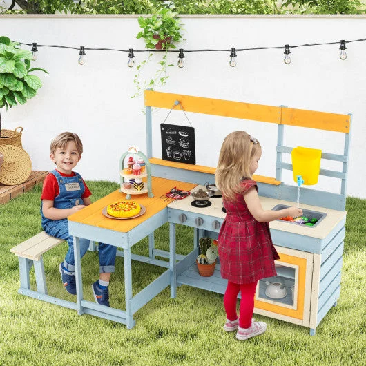 COSTWAY Fir Wood Play Kitchen With Kids Picnic Table and Built-in Bench-Grey