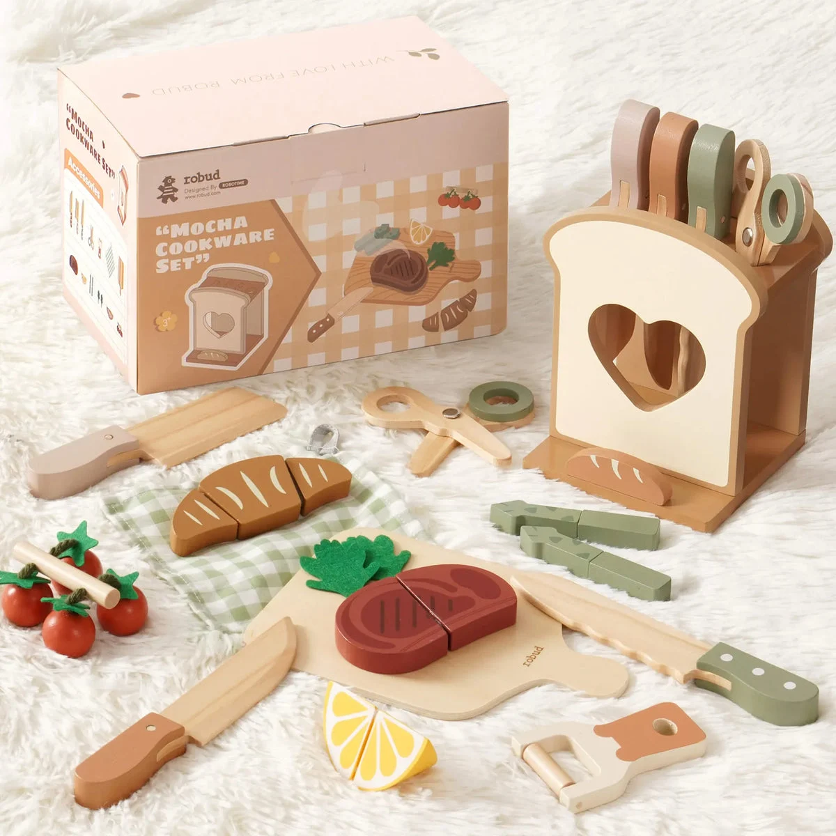 ROBUD Wooden Cutting Food Playset 4-in-1