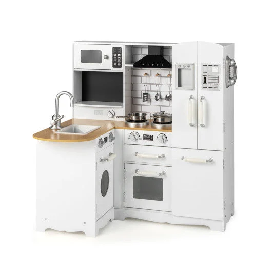 COSTWAY Wooden Kid's Corner Kitchen Playset With Stove for Toddlers-Natural & White