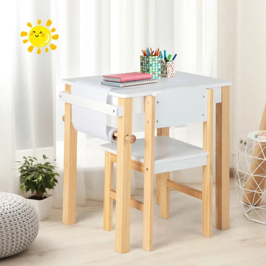 COSTWAY Kids Art Table and Chair Set With Drawer Paper Roll and 2 Markers-White