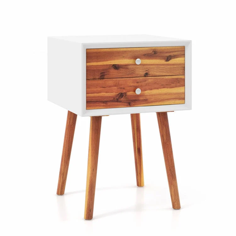 COSTWAY Wooden Nightstand Mid-Century End Side Table With 2 Storage Drawers-Brown