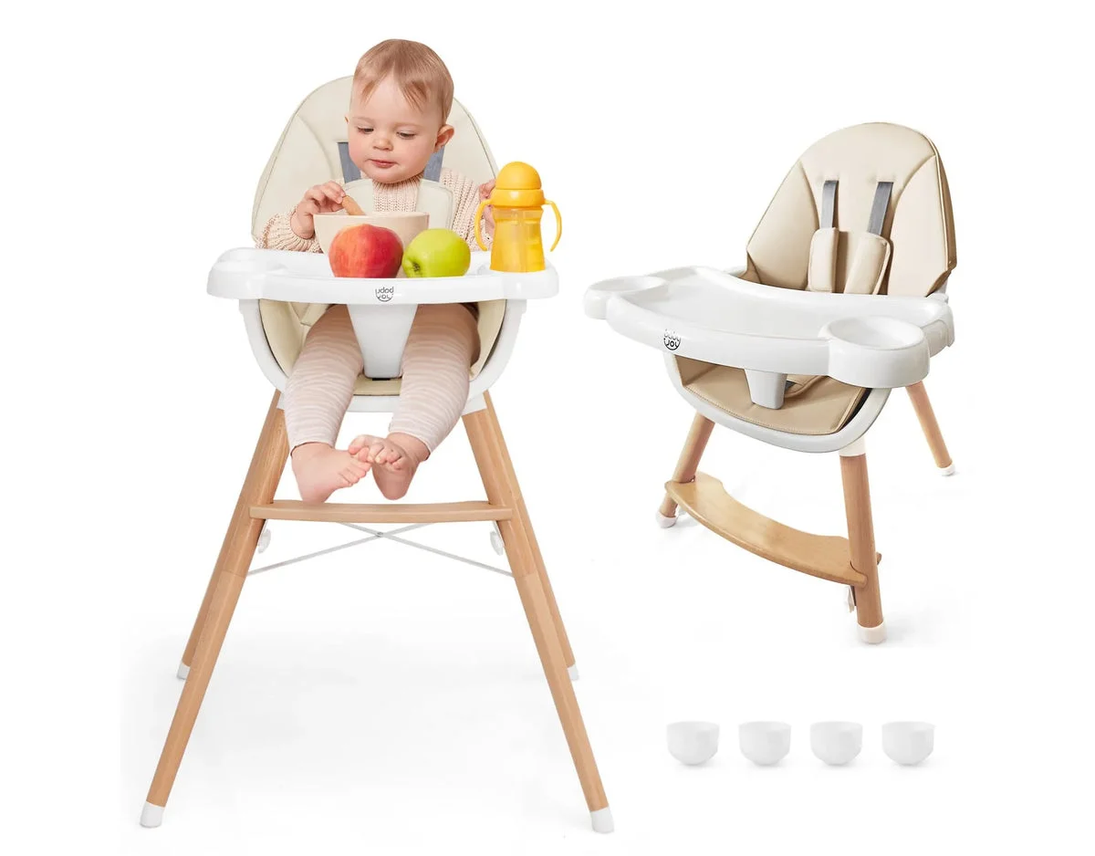 INFANS Baby High Chair Wooden Feeding Chair w/ 4-Gear Tray & Removable Cushion Beige
