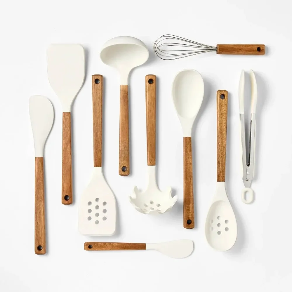Figmint 10-Piece Silicone/Acacia Kitchen Utensil Set - Cream