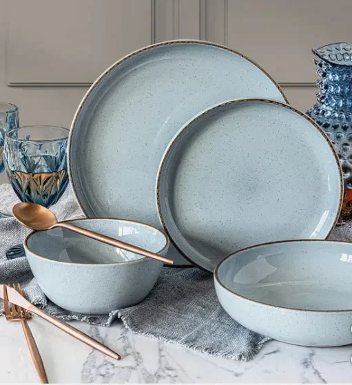 Over&Back Blue Linen Round Stoneware 16-Piece Dinnerware Set (See Description)