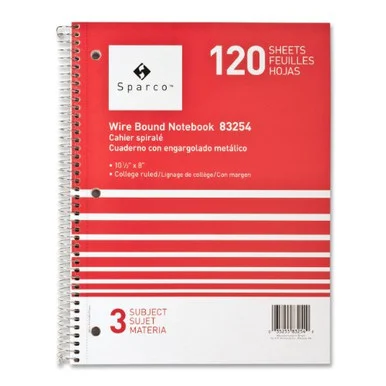 Sparco 3-subject Quality Wirebound Notebook - 120 Sheet - 16 Lb - College Ruled - 8" X 10.50" - 1 Each - Bright White Paper Assorted Cover (SPR83254)