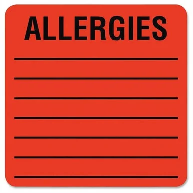 Tabbies Square Allergies Label - 2" Width X 2" Length - 500 / Roll - Square - 500/roll - Fluorescent Red (40560)