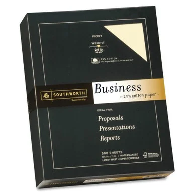 Southworth 24lb 25% Cotton Business Paper - For Inkjet, Laser Print - Letter - 8.50" X 11" - 24 Lb - Recycled - Wove - 500 / Box - Ivory (404IC)